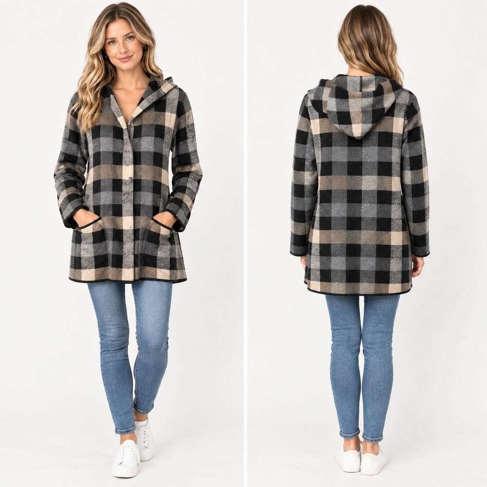 Anne Klein AcademiaPlaid Hooded Cardigan Sweater Black Tan Grey Large Open Front